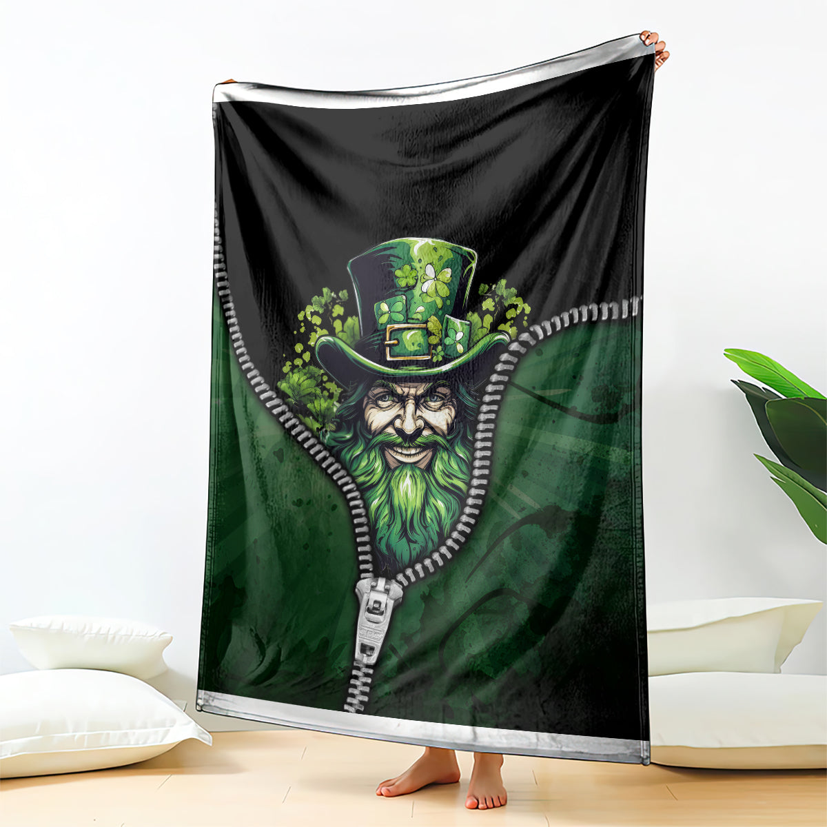 Green zip-art blanket featuring Irish man face in a top hat with zipper-trim border