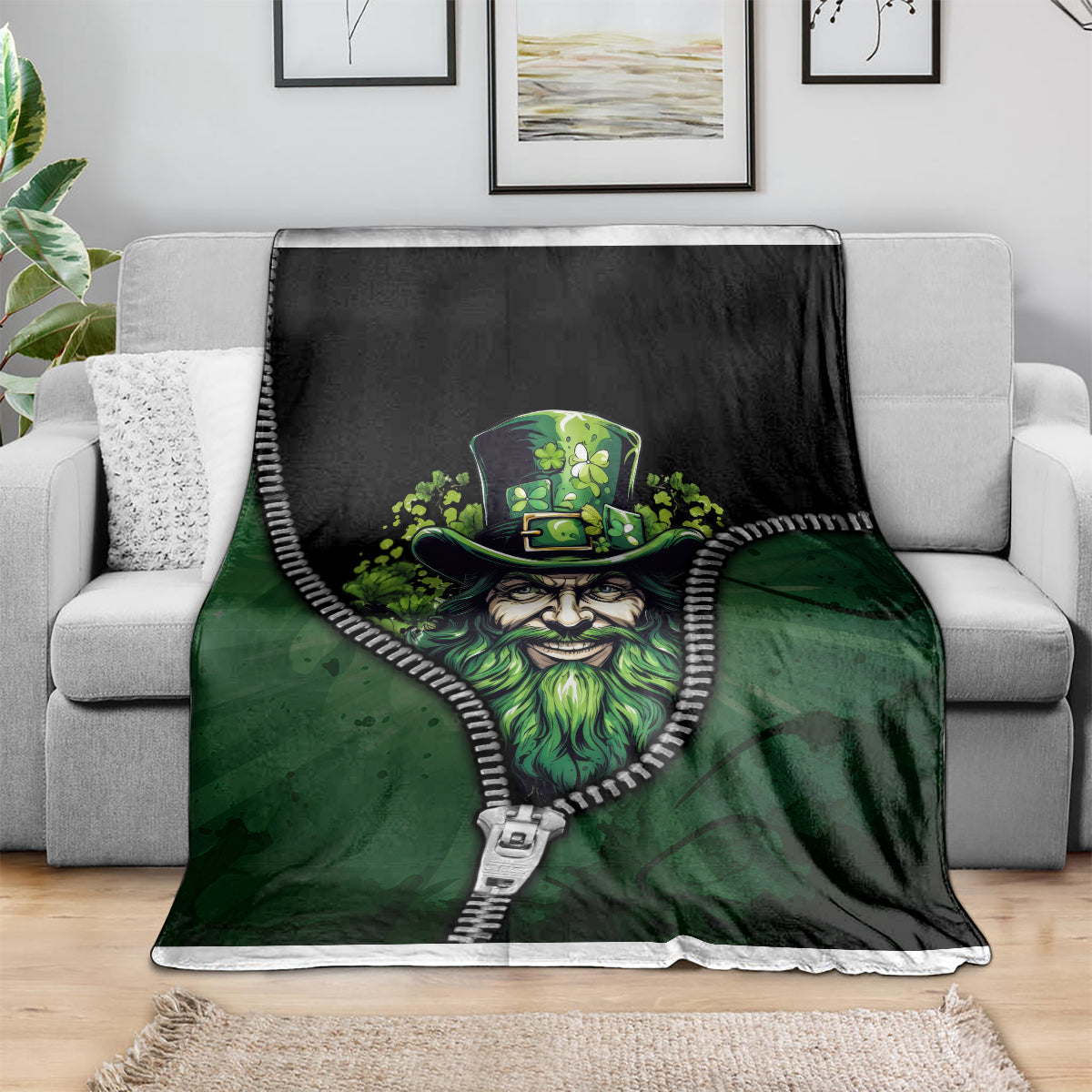 Green zip-art blanket with Irish man top-hat portrait and zipper-trim edge