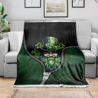 Green zip-art blanket with Irish man top-hat portrait and zipper-trim edge