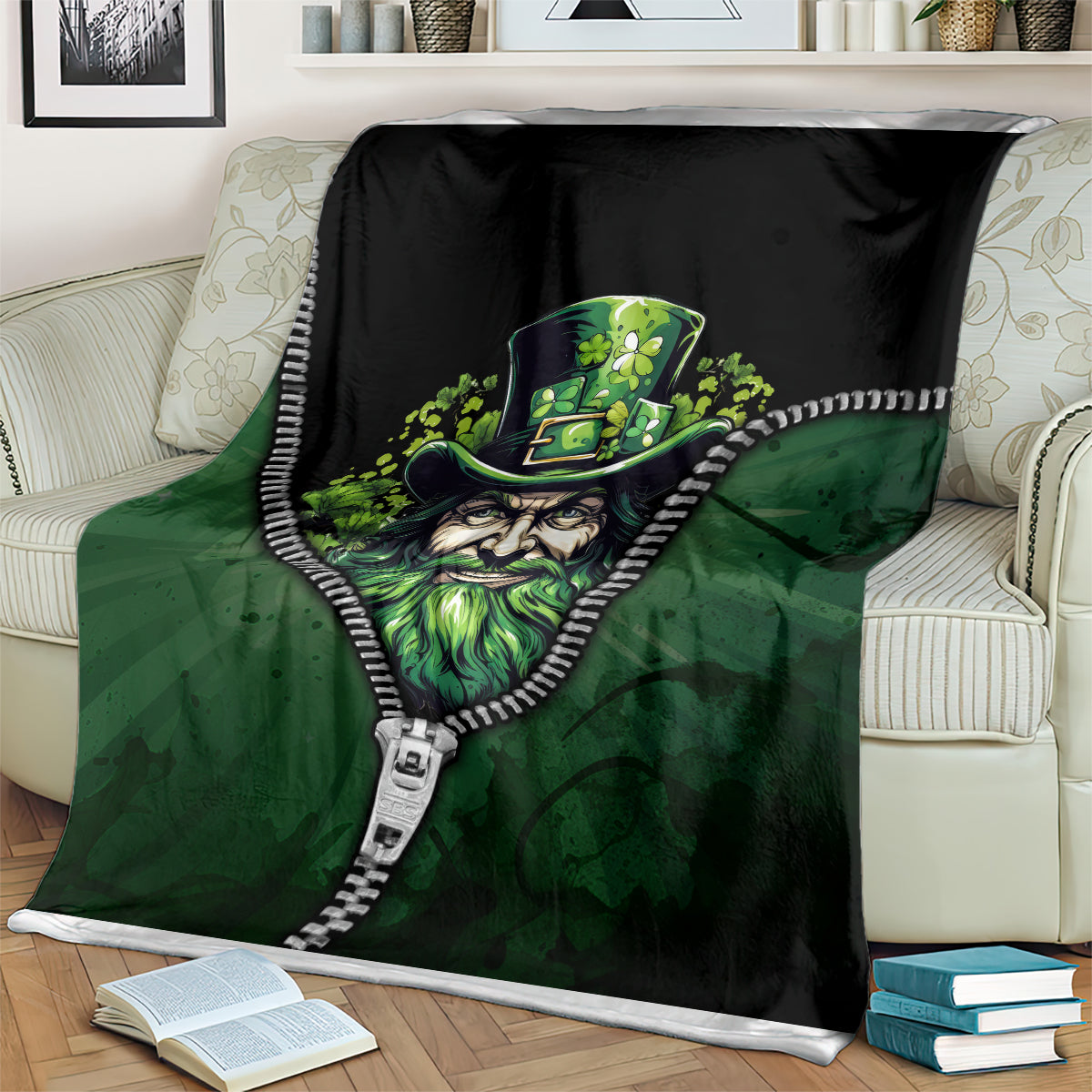 Dark green zip-art blanket showing Irish man portrait with top hat and zipper trim