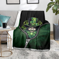 Green and black zip-art blanket with Irish man top-hat portrait and zipper-trim detail