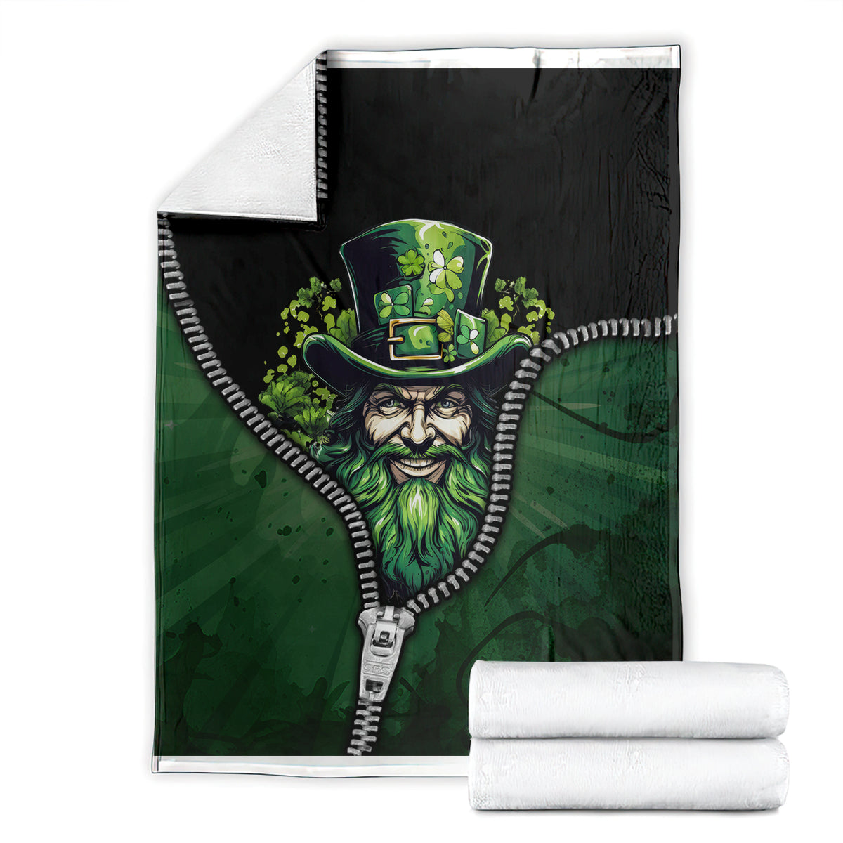 Folded green zip-art blanket with Irish man top-hat portrait and zipper-trim edge