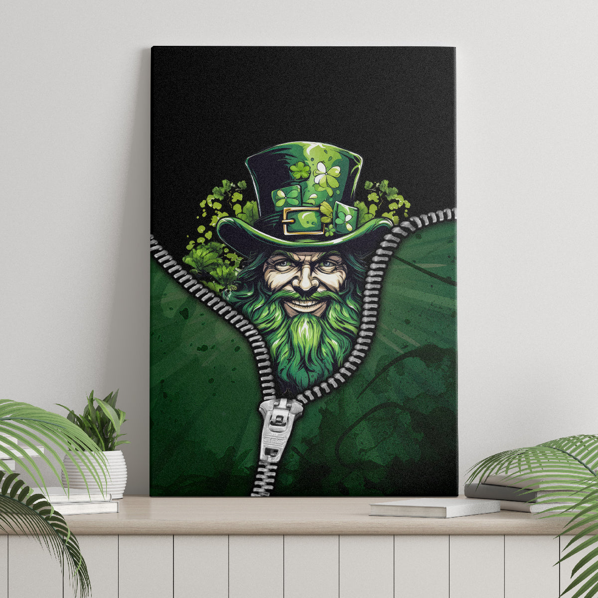 Canvas wall art featuring a green leprechaun face with shamrocks and zipper across the art