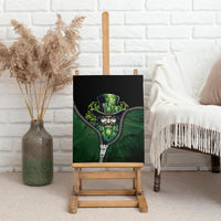 Canvas wall art on a wooden easel: green leprechaun with shamrocks and zipper