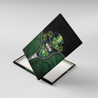 Canvas wall art shown at an angle: green leprechaun with shamrocks and zipper detail