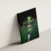 Canvas wall art mounted at an angle: green leprechaun with shamrocks and zipper
