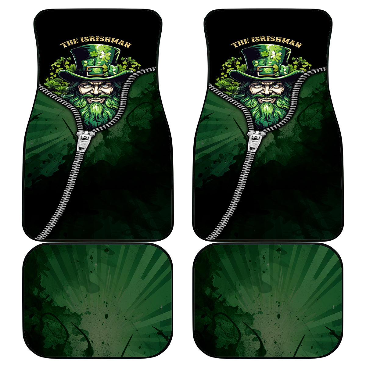 Car floor mat set with green leprechaun zipper graphic, black border, 4 pcs