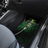 Front seat car floor mat with green leprechaun zipper graphic on black