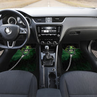 Front car floor mats with green leprechaun zipper graphic on black interior