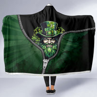 Zip-up hooded blanket with black and green front, leprechaun face graphic, full length