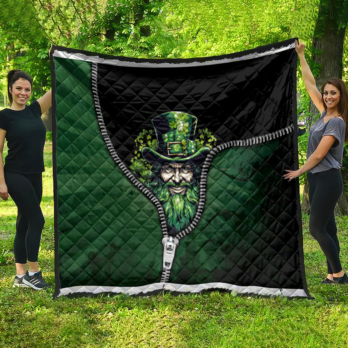Green and black 3D quilt with zipper edge and leprechaun graphic on front
