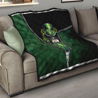 Green and black 3D quilt with zipper trim and leprechaun graphic, on living room couch