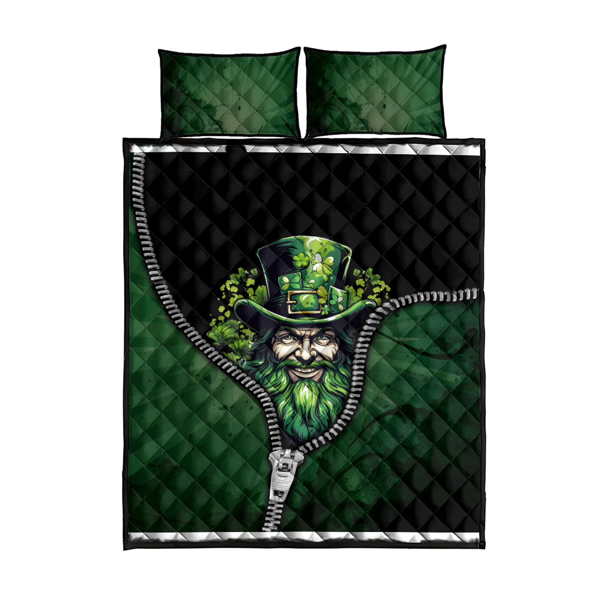 Green and black quilt bed set with bearded leprechaun graphic, zipper trim, matching pillow