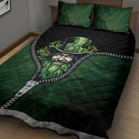 Green and black quilt bed set with centered bearded leprechaun graphic and zipper-trim edge