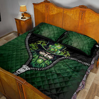 Green and black quilt bed set with bearded leprechaun graphic and zipper trim; includes 2 pillows