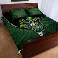 Green and black quilt bed set with leprechaun portrait graphic, zipper trim, two matching pillows