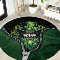 Round carpet with 3D-style Irish leprechaun zipper graphic, green and black, rope-edge trim