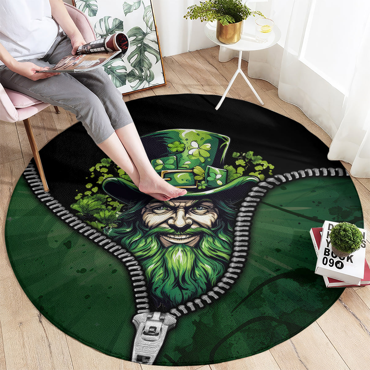 Round carpet featuring leprechaun face with green beard and zipper motif, dark base and white rope trim