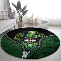 Round green-and-black carpet with leprechaun zipper artwork and rope-like white edging