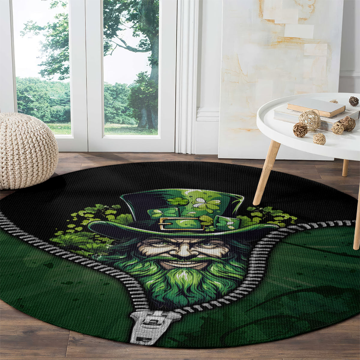 Round carpet with green leprechaun zipper design on dark background, white rope border trim