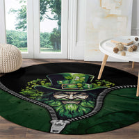 Round carpet with green leprechaun zipper design on dark background, white rope border trim