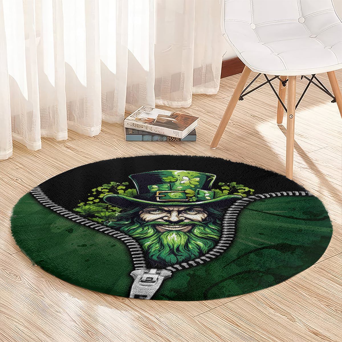 Round carpet showing leprechaun face graphic, green beard and zipper pull, dark base with white edge