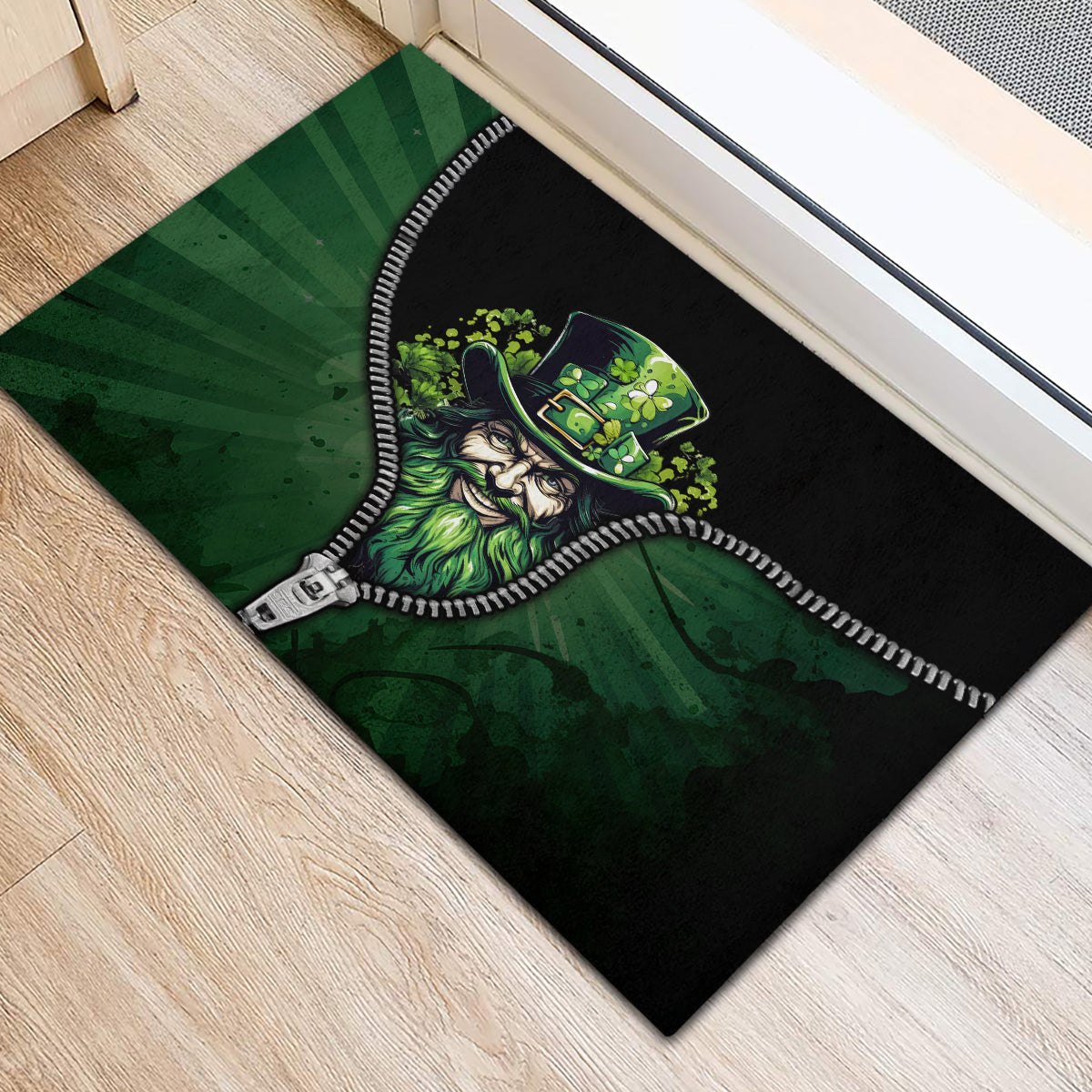 Rubber zip-art doormat featuring a green bearded man in a hat with zipper artwork