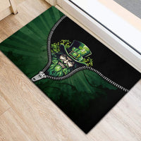 Rubber zip-art doormat featuring a green bearded man in a hat with zipper artwork