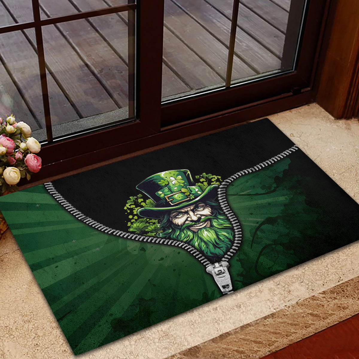 Rubber zip-art doormat with green leprechaun face and zipper graphic across the center