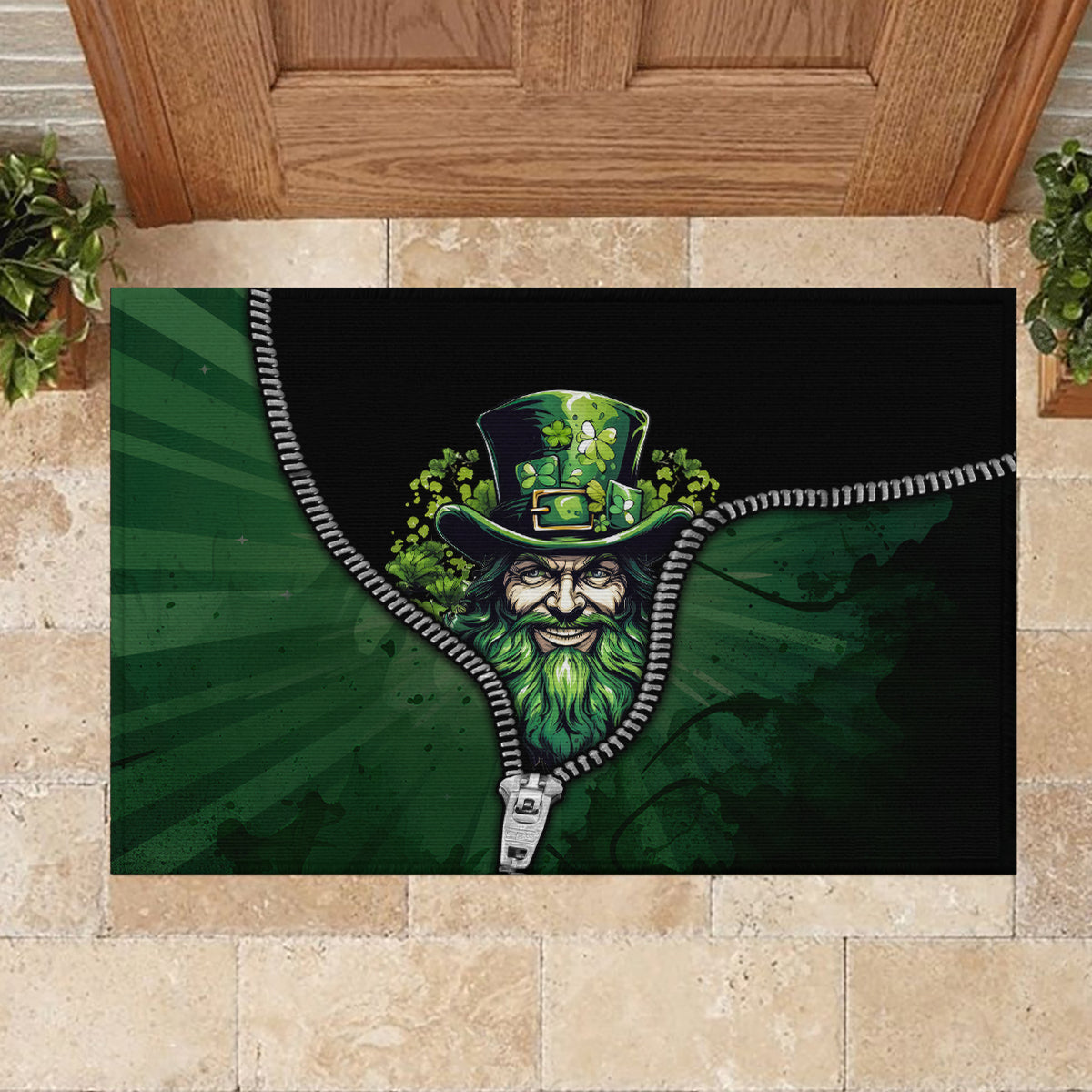 Rectangular rubber doormat with green leprechaun hat, beard, and zipper seam artwork