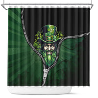 Shower curtain with leprechaun zipper graphic in green and black, multicolor design