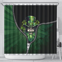 Shower curtain featuring centered leprechaun face zipper pull design in green and black