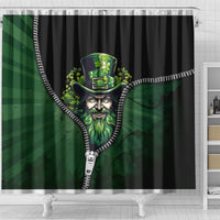Shower curtain with leprechaun top hat and zipper seam artwork in green, multicolor