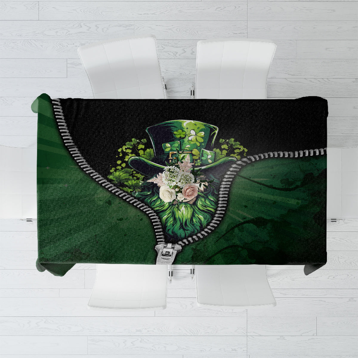 Green and black 3D zip-art tablecloth with multicolor graphic and zipper-style trim.