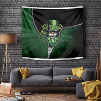 Zip art tapestry with green hat-and-beard artwork on black background, zipper-style border