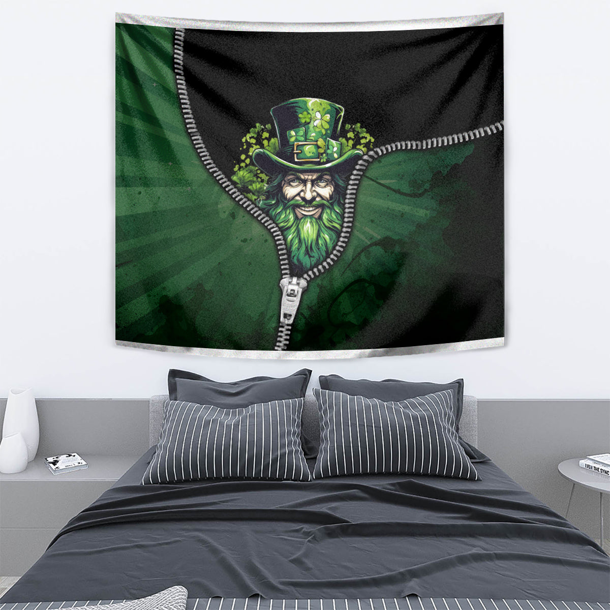 Zip art tapestry featuring a green bearded character with hat on black, zipper-style border
