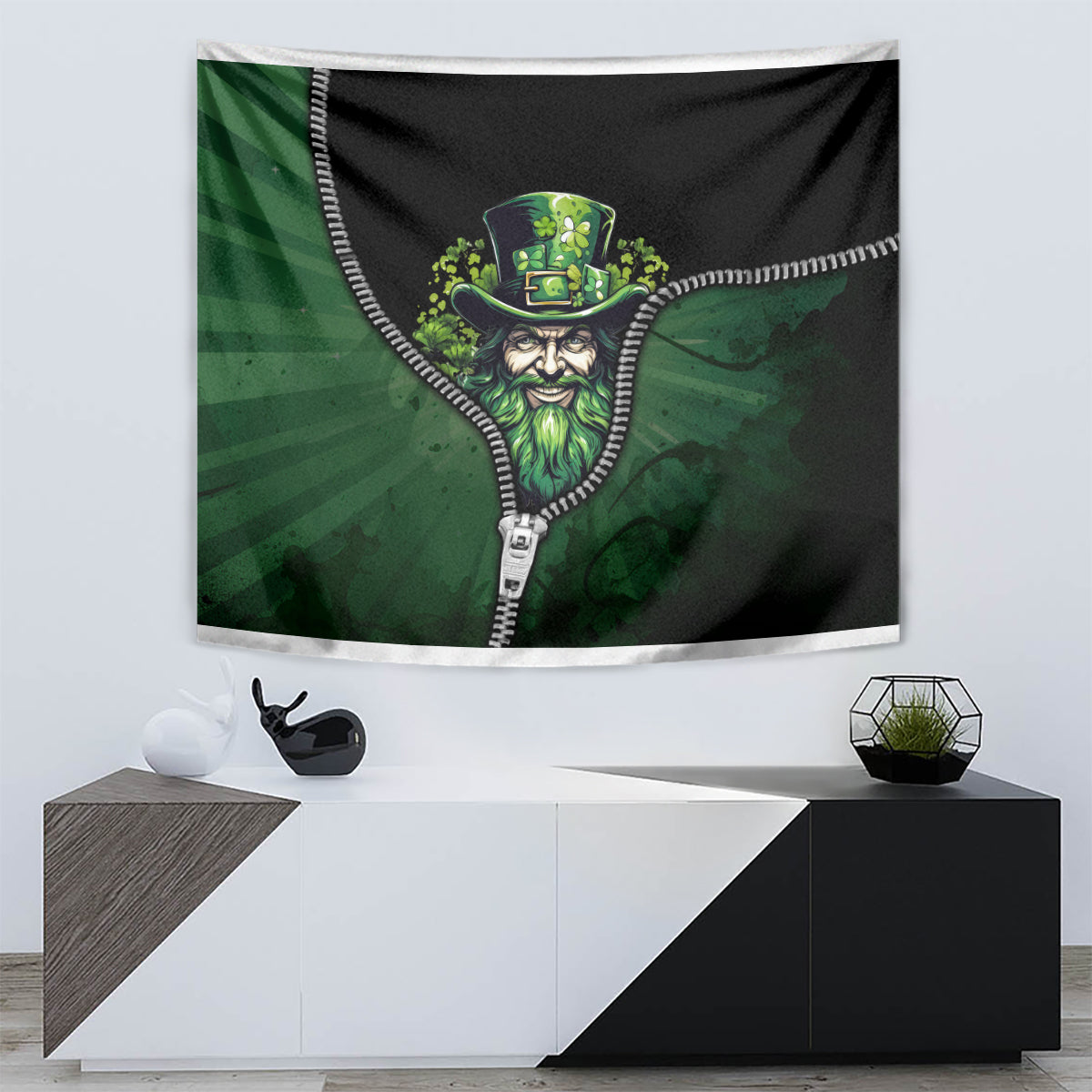 Zip art tapestry with green Irish bearded character face on black, zipper-style border