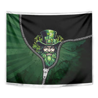 Zip art tapestry with centered green leprechaun-like face and hat on black, zipper-style border
