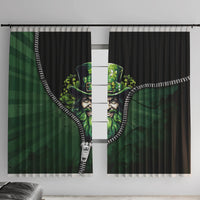 Green and black 3D zip window curtain panels with leprechaun artwork and white zipper trim