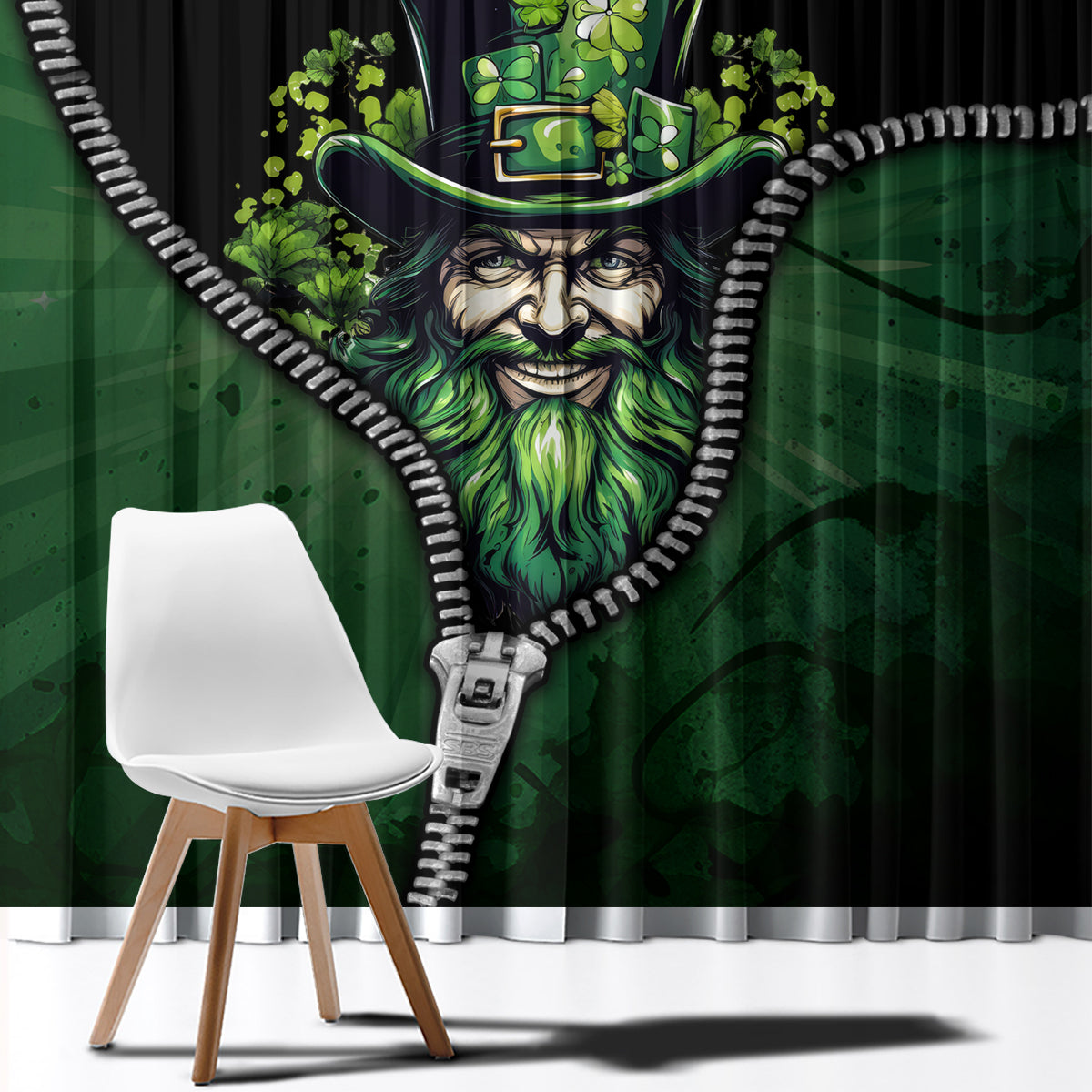 Green window curtain close-up with leprechaun hat artwork and white zipper edging
