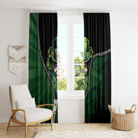 Green and black window curtain pair featuring leprechaun artwork with white zip trim