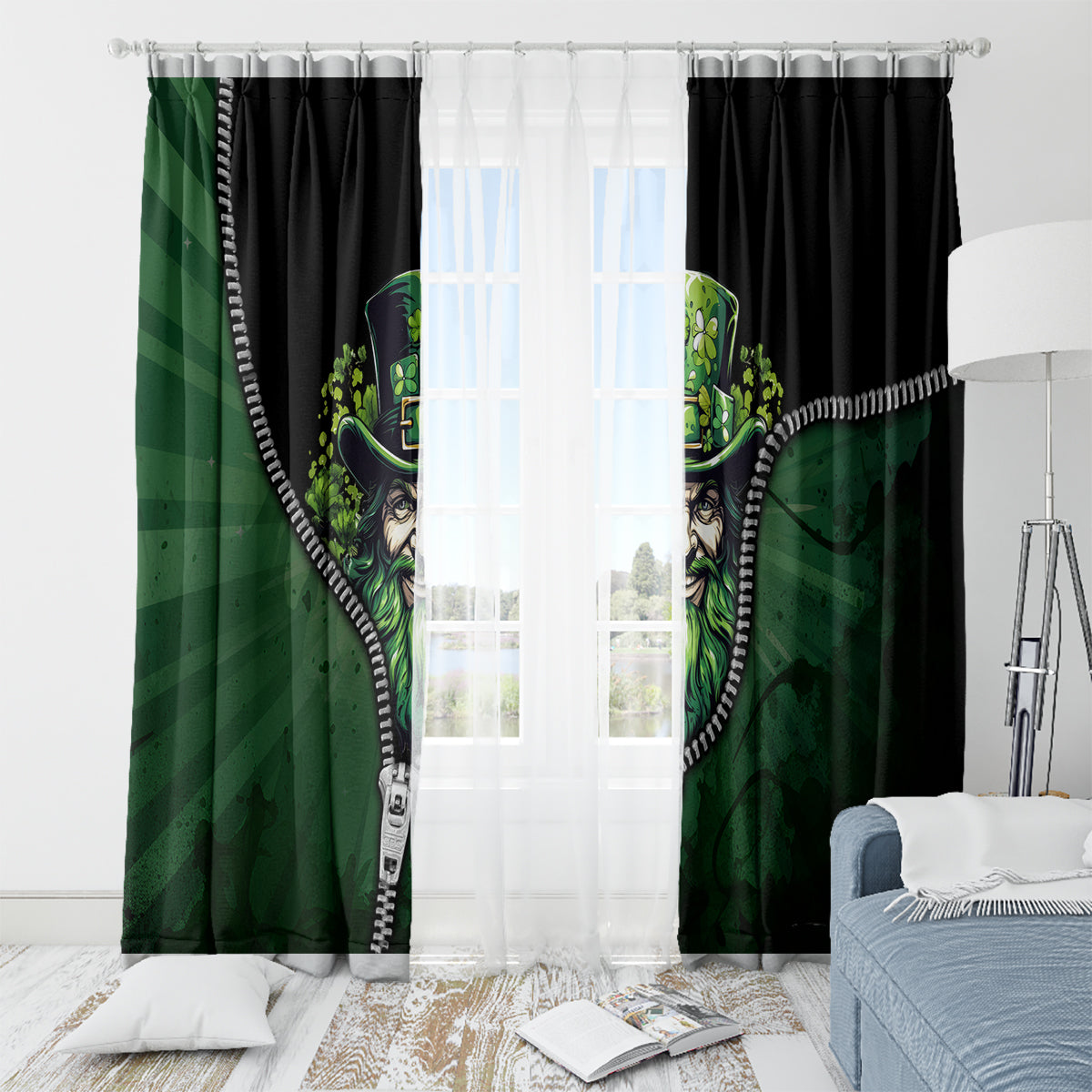 Black and green window curtain panels with leprechaun hat artwork and white zip trim