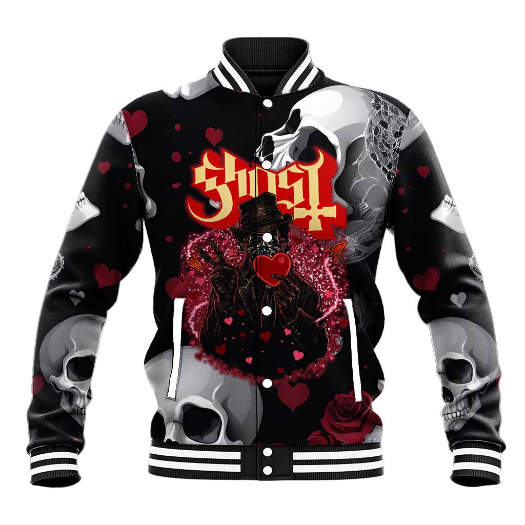 Ghost Valentine Baseball Jacket with Rockets Skull Heart Pattern