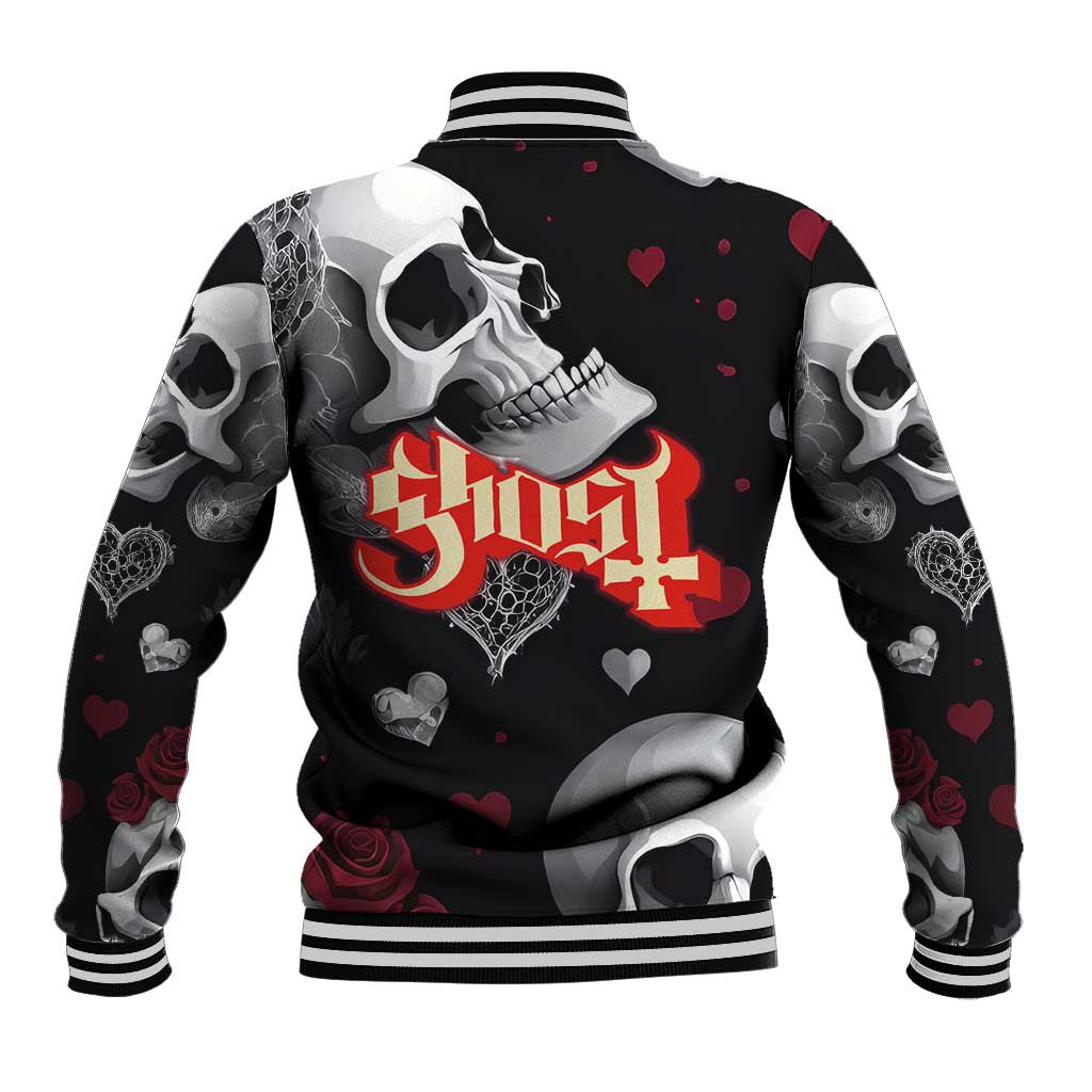 Ghost Valentine Baseball Jacket with Rockets Skull Heart Pattern