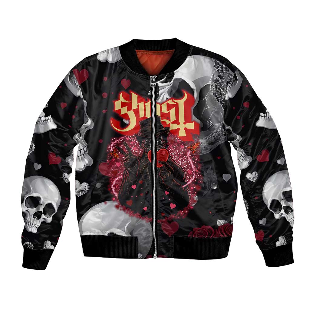 Ghost Valentine Bomber Jacket with Rockets Skull Heart Pattern
