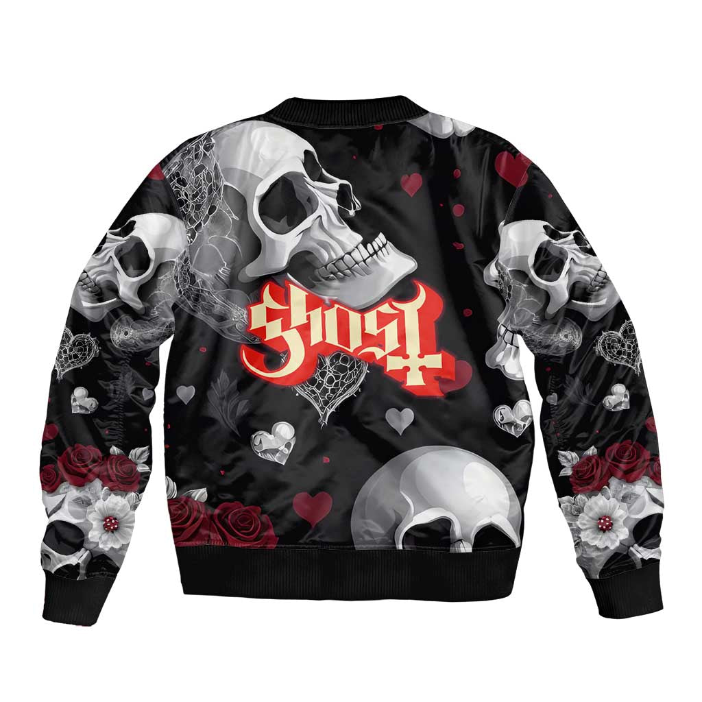 Ghost Valentine Bomber Jacket with Rockets Skull Heart Pattern