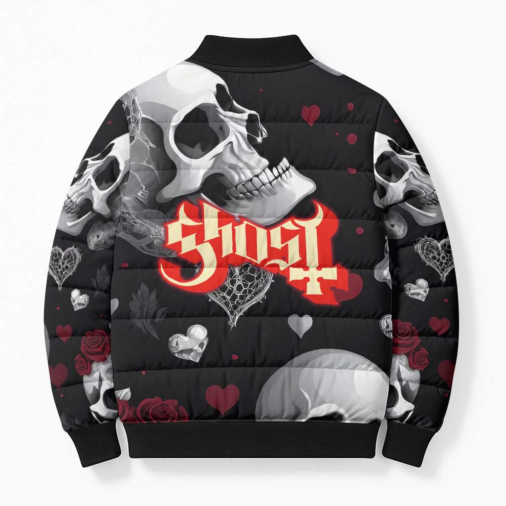 Ghost Valentine Bomber Puffer Jacket with Rockets Skull Heart Pattern
