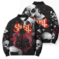 Ghost Valentine Bomber Puffer Jacket with Rockets Skull Heart Pattern