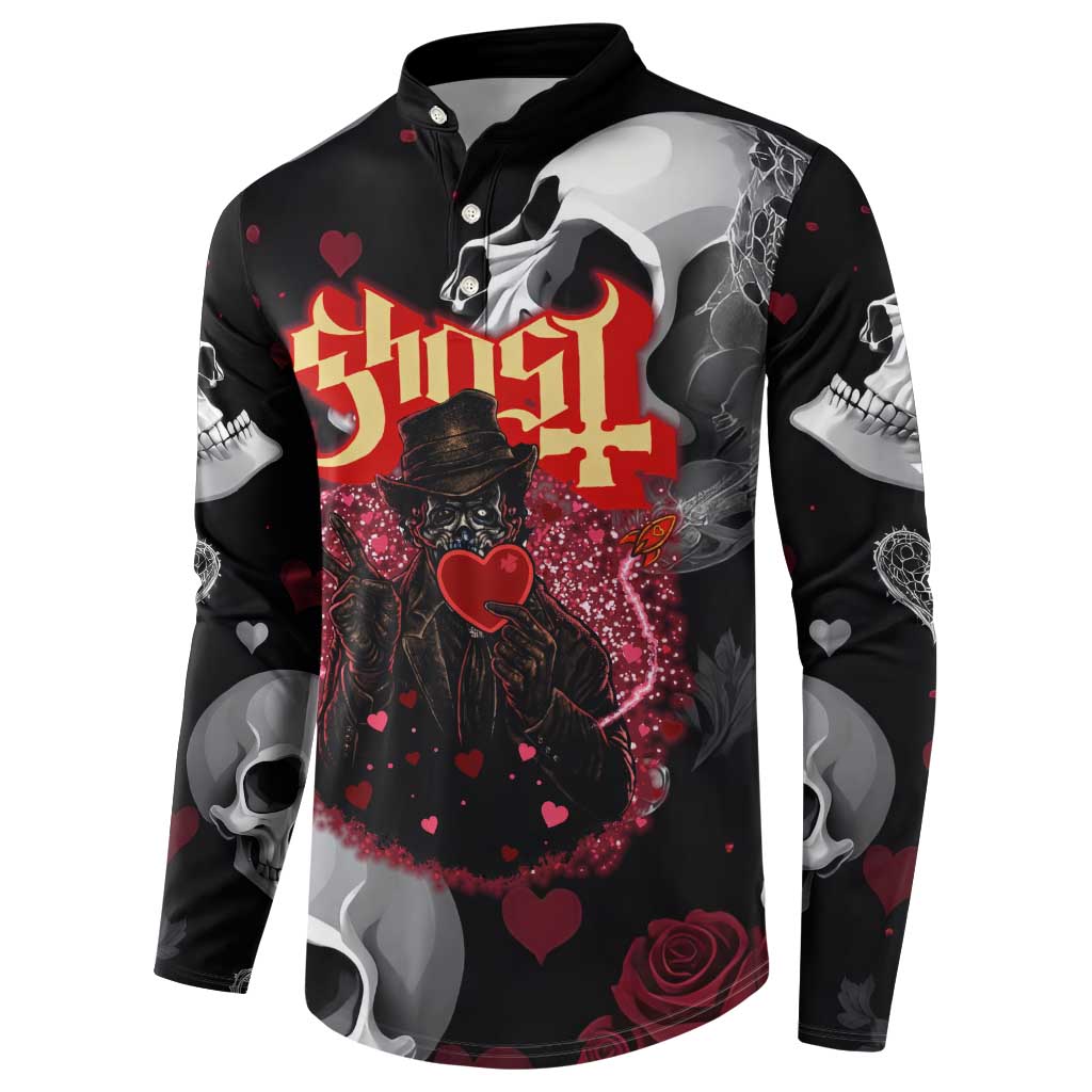 Ghost Valentine Button Sweatshirt with Rockets Skull Heart Pattern