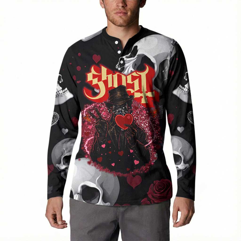 Ghost Valentine Button Sweatshirt with Rockets Skull Heart Pattern
